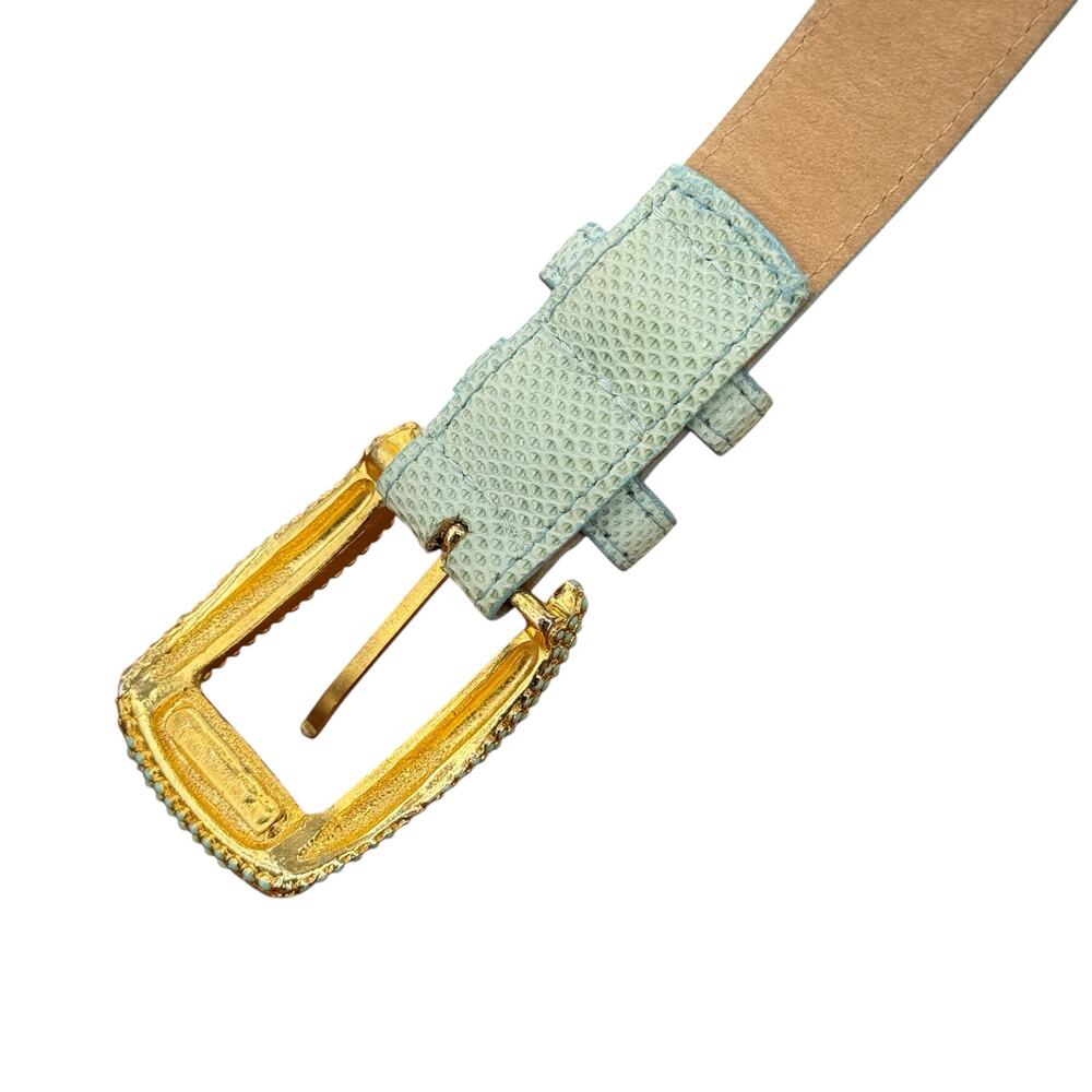 Carlisle Skinny Enamel Dress Belt Womens SZ M Green Gold Buckle Vintage Leather - Picture 8 of 11
